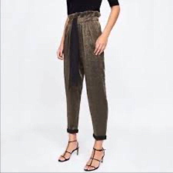 Zara paperbag trousers high waist metallic gold green shimmer pants xs - Picture 3 of 3